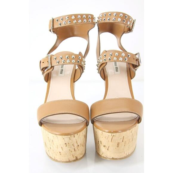 Miu Miu Brown Leather Studded Platform Wedge Sandals - Picture 6 of 12